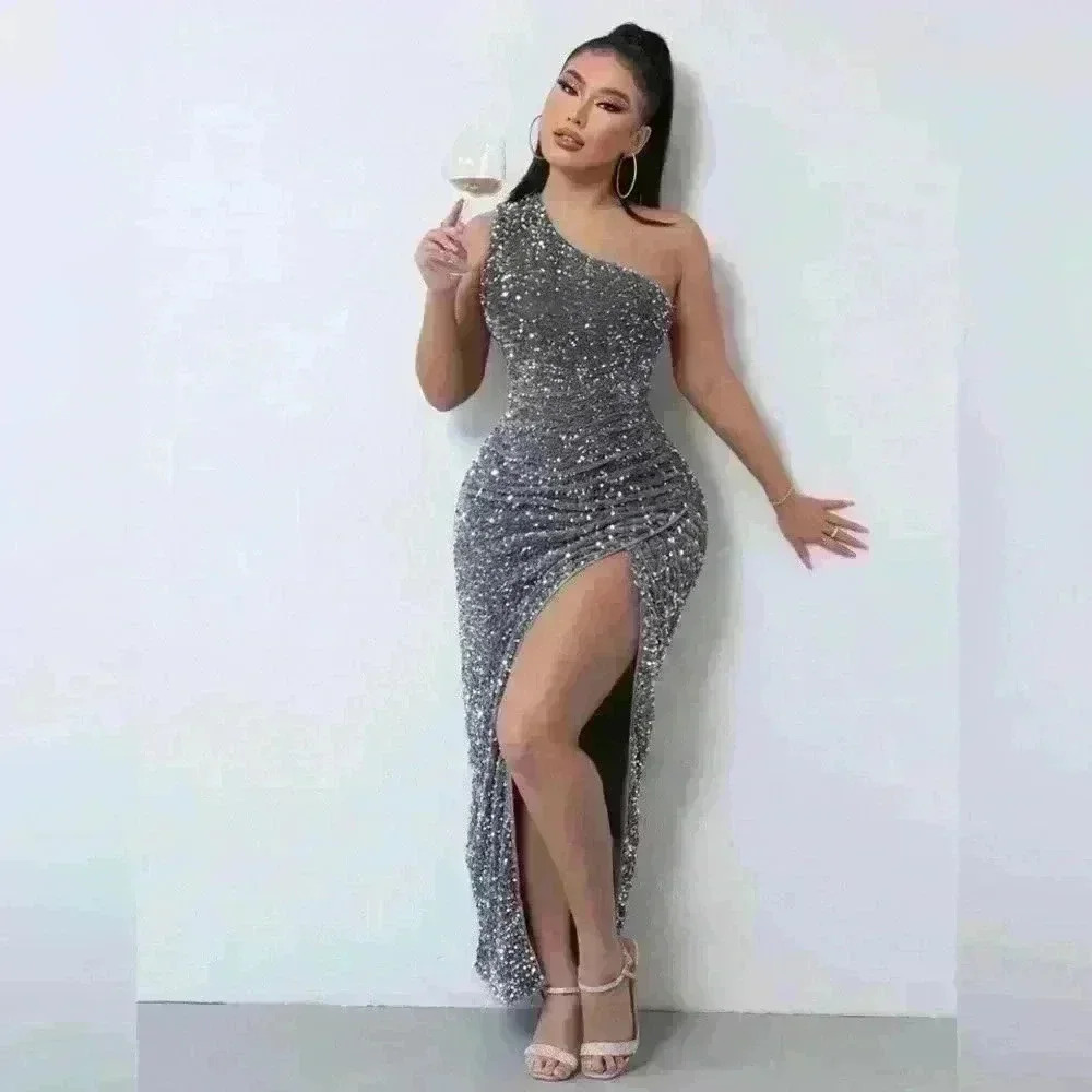 One Shoulder Sequin Sparkle High Slit Wrap Formal Evening Dress Silver S - Picture 12 of 12